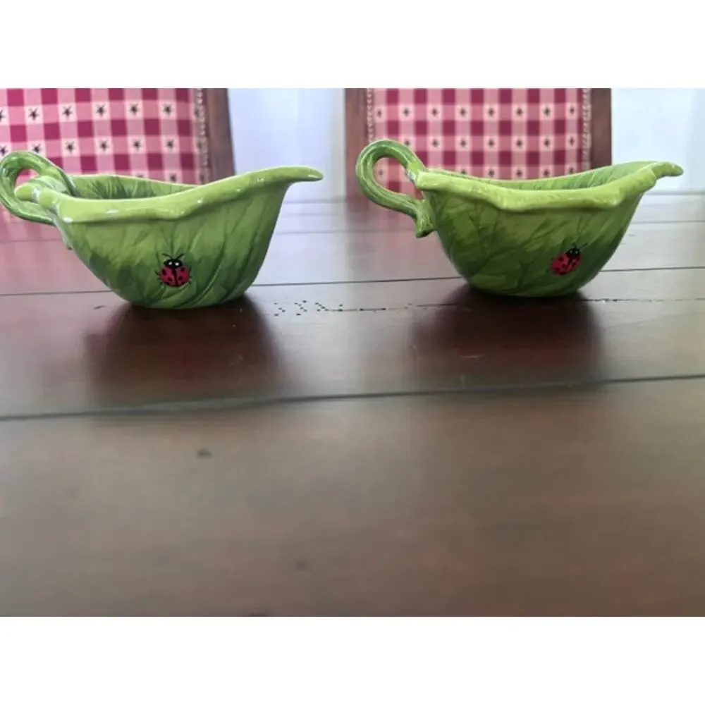 Pier 1 Ladybug Leaf Serving Tray Bowl Set Hand Painted Earthenware 3 Pc
